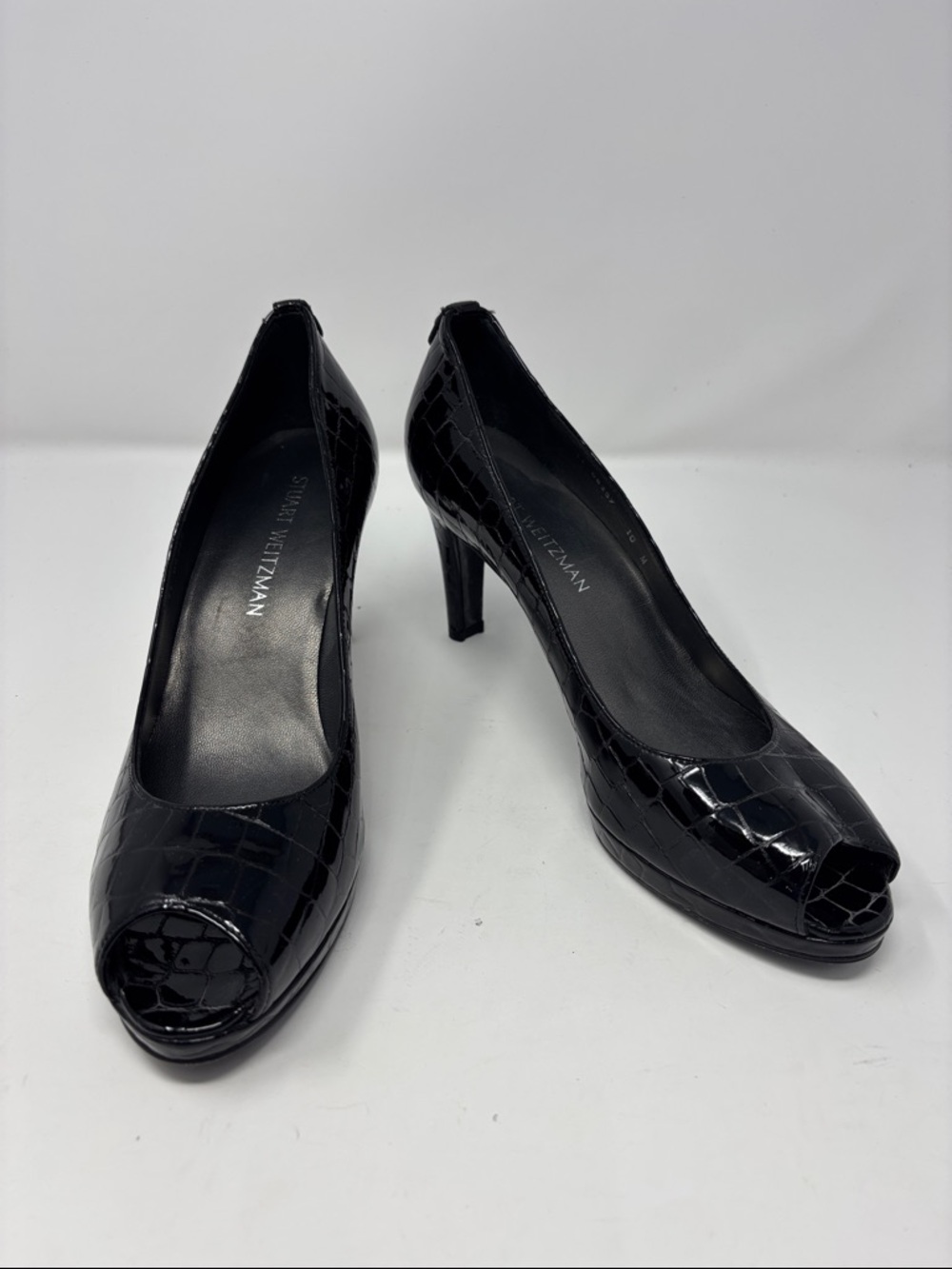Stuart Weitzman | 10 M Black Croc-Embossed Peep-Toe Heels